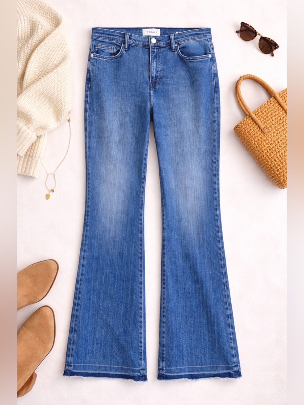 FRAME Le Easy Flare Jeans High Rise Full Length Raw Hem Y2K Boho Size 32 C02